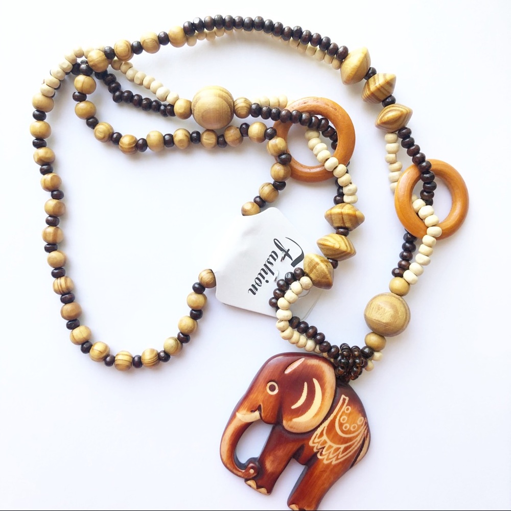 Wooden Beaded Elephant Necklace